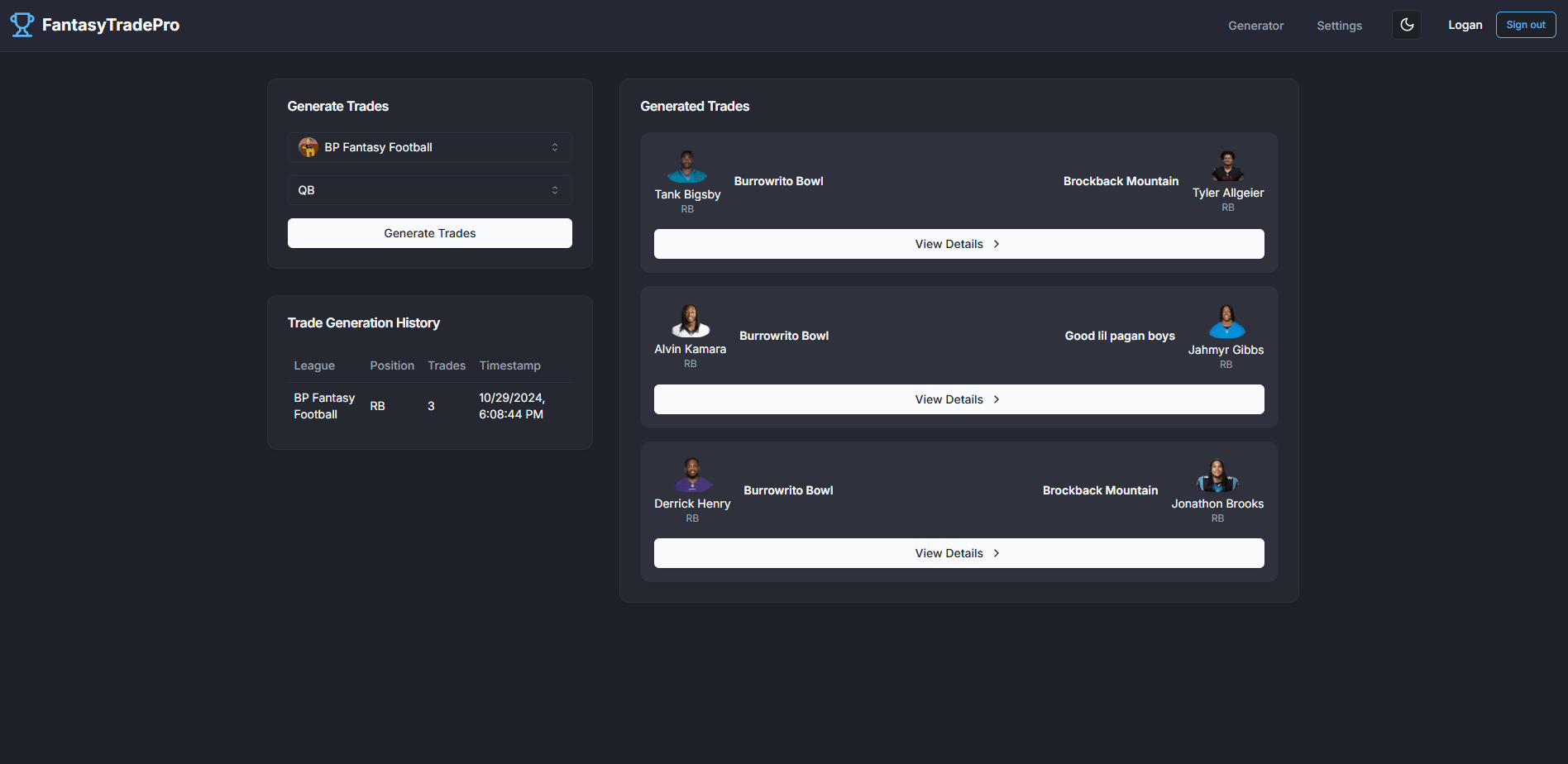 Fantasy Football Trade Generator Project Image